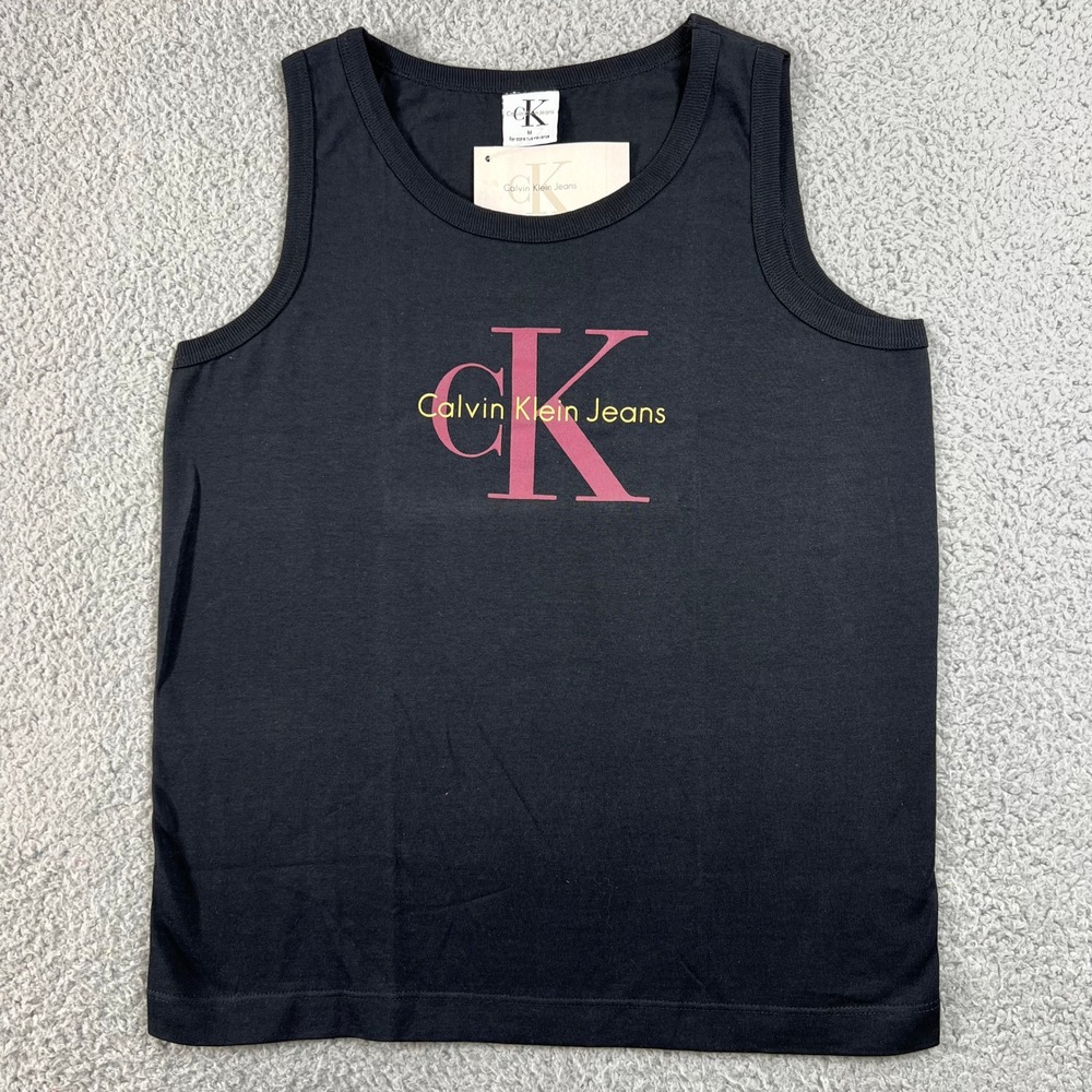 Calvin Klein Jeans Tank Top Juniors Medium Black Graphic Logo‎ Cotton VTG NWT